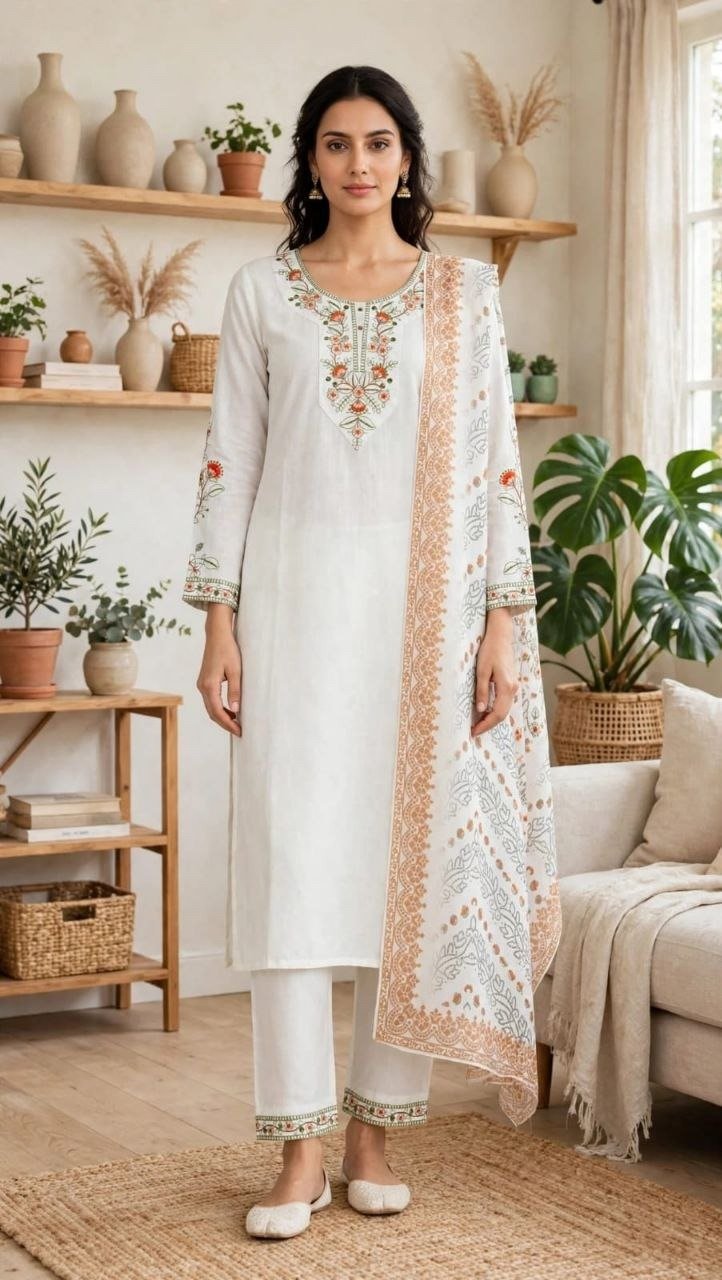 Vf 54 Rayon Slub With Embroidery Work Kurti With Bottom Dupatta